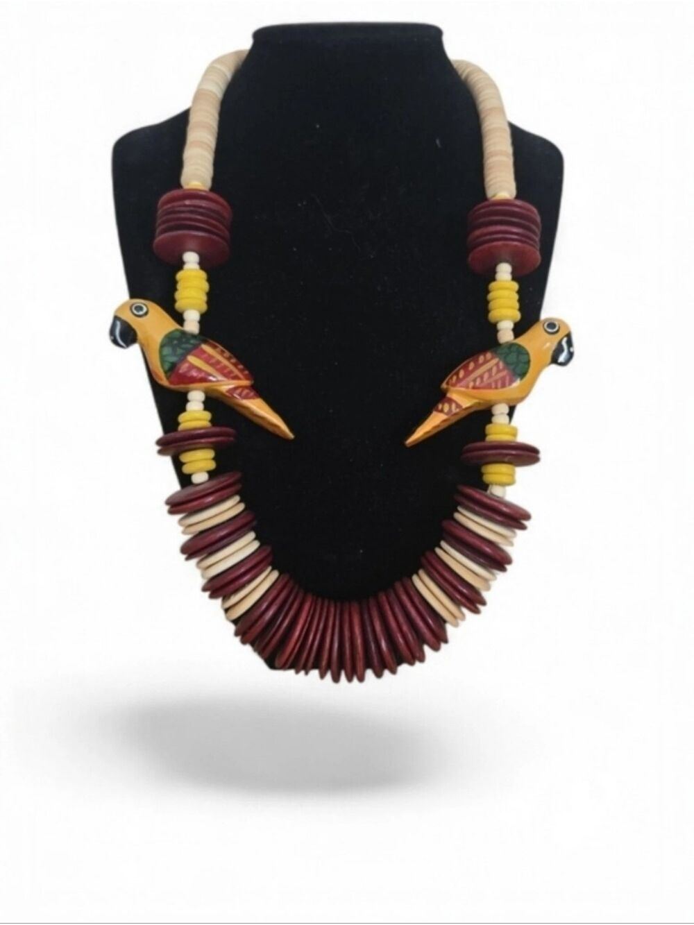 Vintage 70s 80s Tiki Parrot Necklace Boho Statement Heishi Shell Wood 11” Drop